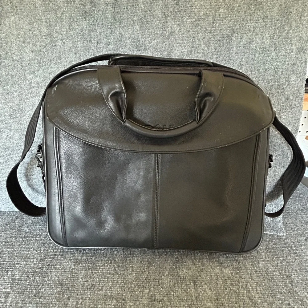 Dell Black Leather Laptop Briefcase Messenger Bag Business Travel Case
